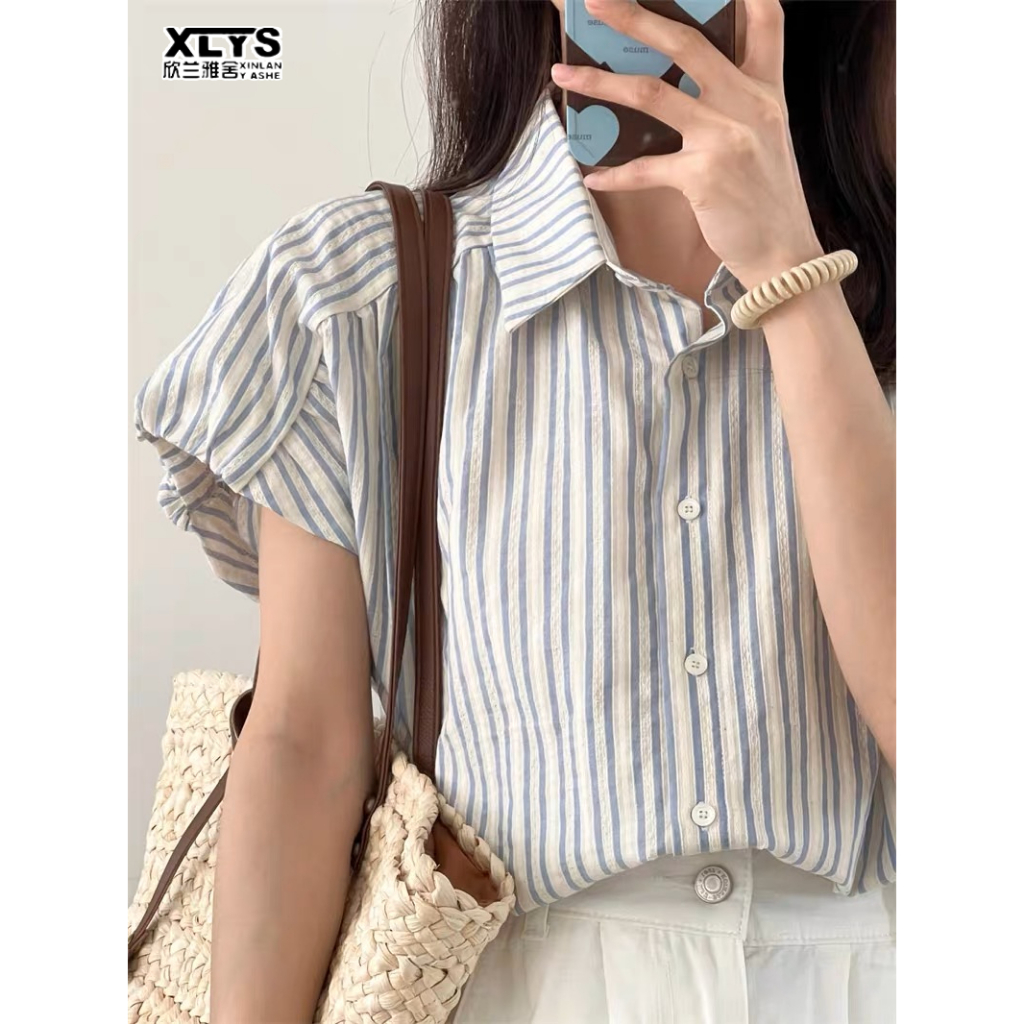 XIN LAN YA SHE Áo Sơ Mi dopamine cotton Kẻ Sọc Thời Trang Hàn Quốc Cho Nữ