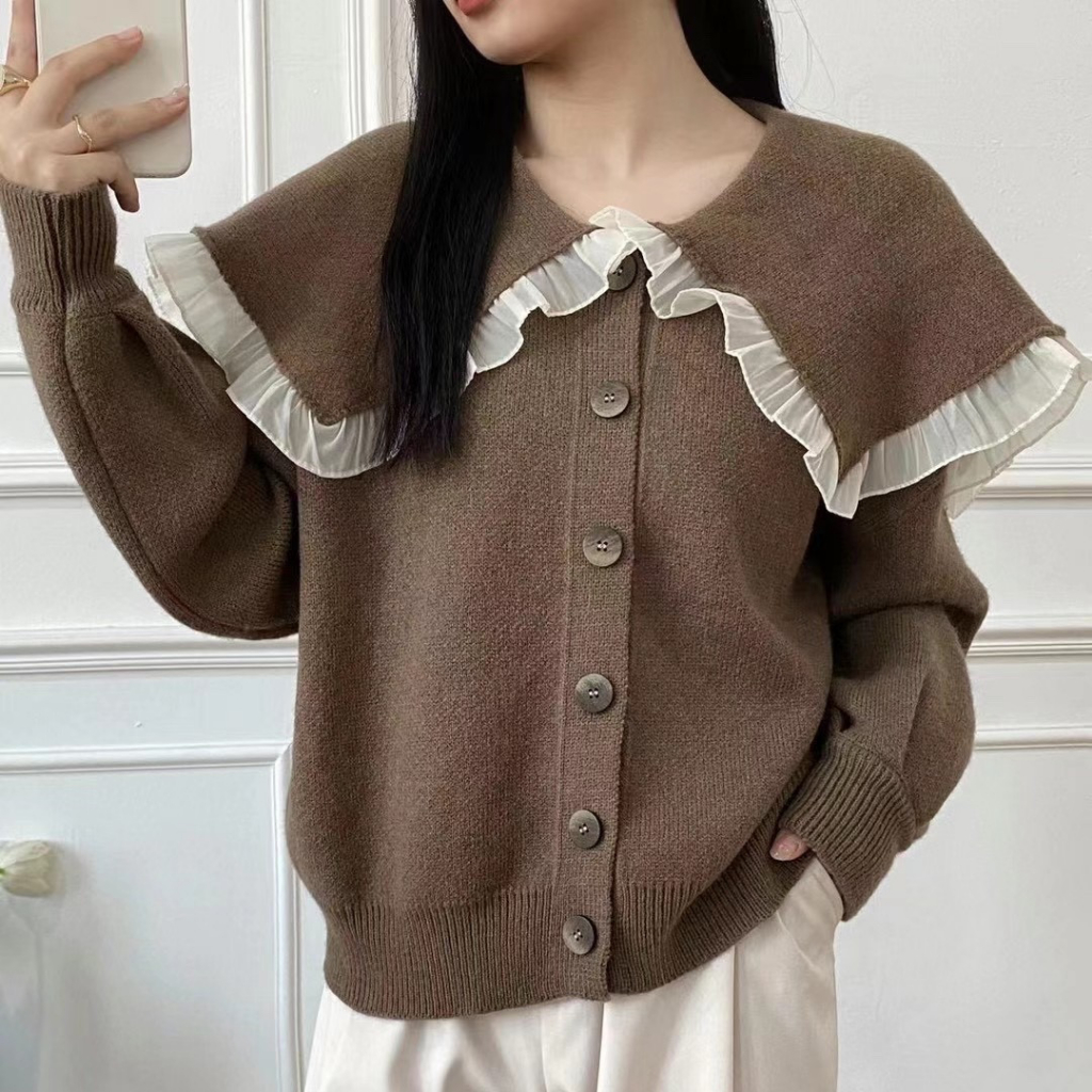 Áo khoác cardigan HUIZUMEI dệt kim dáng rộng cổ hải quân kiểu Hàn Quốc xinh xắn cho nữ