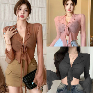 Áo cánh tay dài lưới xuyên thấu swe Áo sơ mi tay loe áo ngắn drn