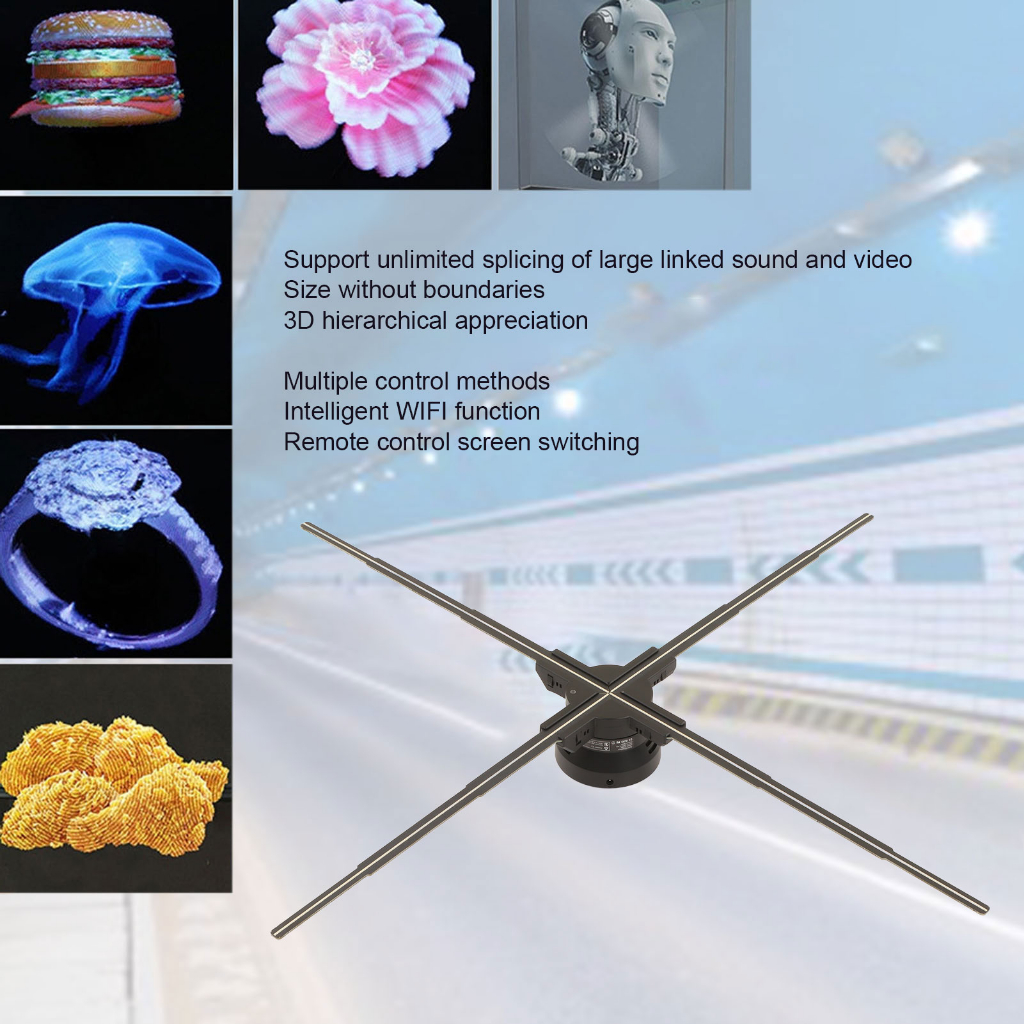 ▲Quạt hình ba chiều 3D Máy chiếu WiFi 30 7x30 7in LED độ phân giải 2000x928 cho màn quảng cáo 100‑240V