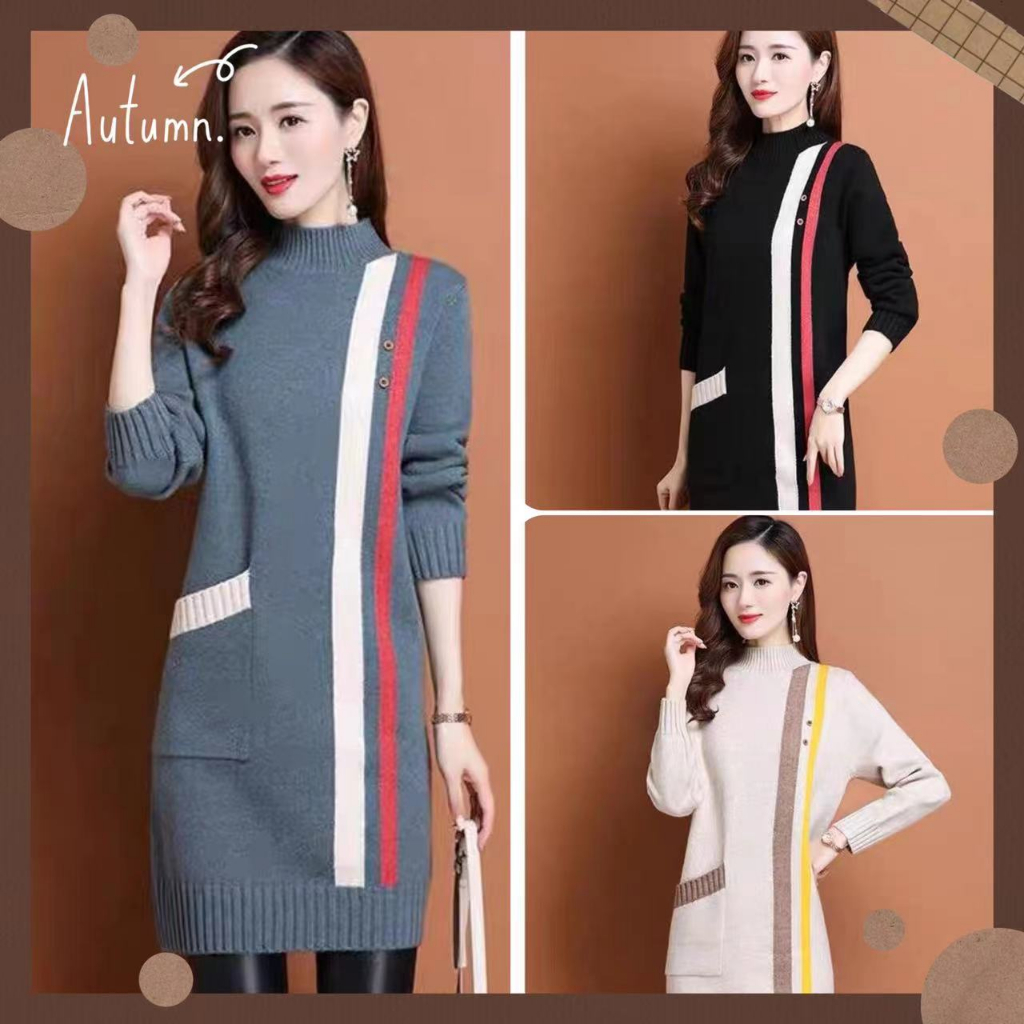2022 Thu đông ăn mặc vừa và dài dệt kim đầm cho phụ nữ lỏng lẻo dài tay áo len đan cardigan đầm vòng cổ đan đầu Hàn Quốc đan áo len
