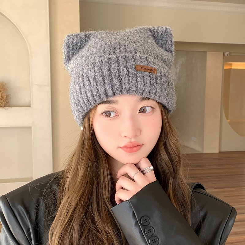 Mũ Len Phối Nhung Hình Tai Mèo Dễ Thương Thời Trang Thu Đông Cho Nữ