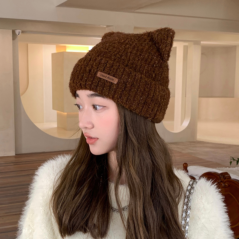 Mũ Len Phối Nhung Hình Tai Mèo Dễ Thương Thời Trang Thu Đông Cho Nữ