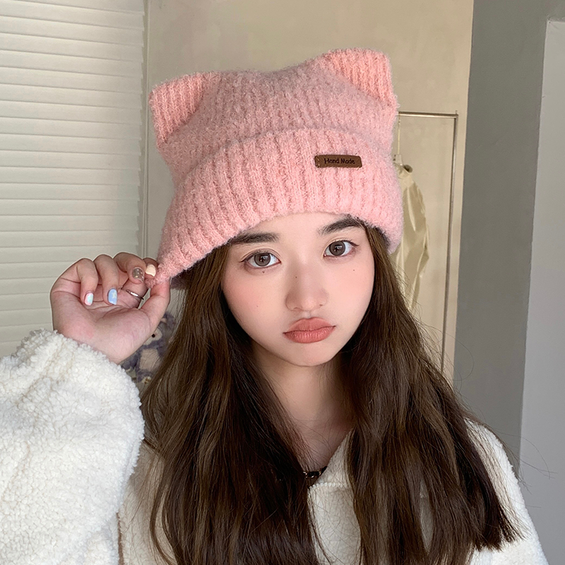 Mũ Len Phối Nhung Hình Tai Mèo Dễ Thương Thời Trang Thu Đông Cho Nữ