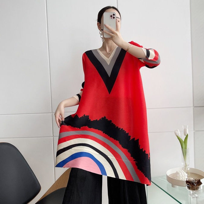Miyake Đầm Tay Lửng Xếp Ly Phối Màu Tương Phản Phong Cách retro Châu Âu Thời Trang 2023