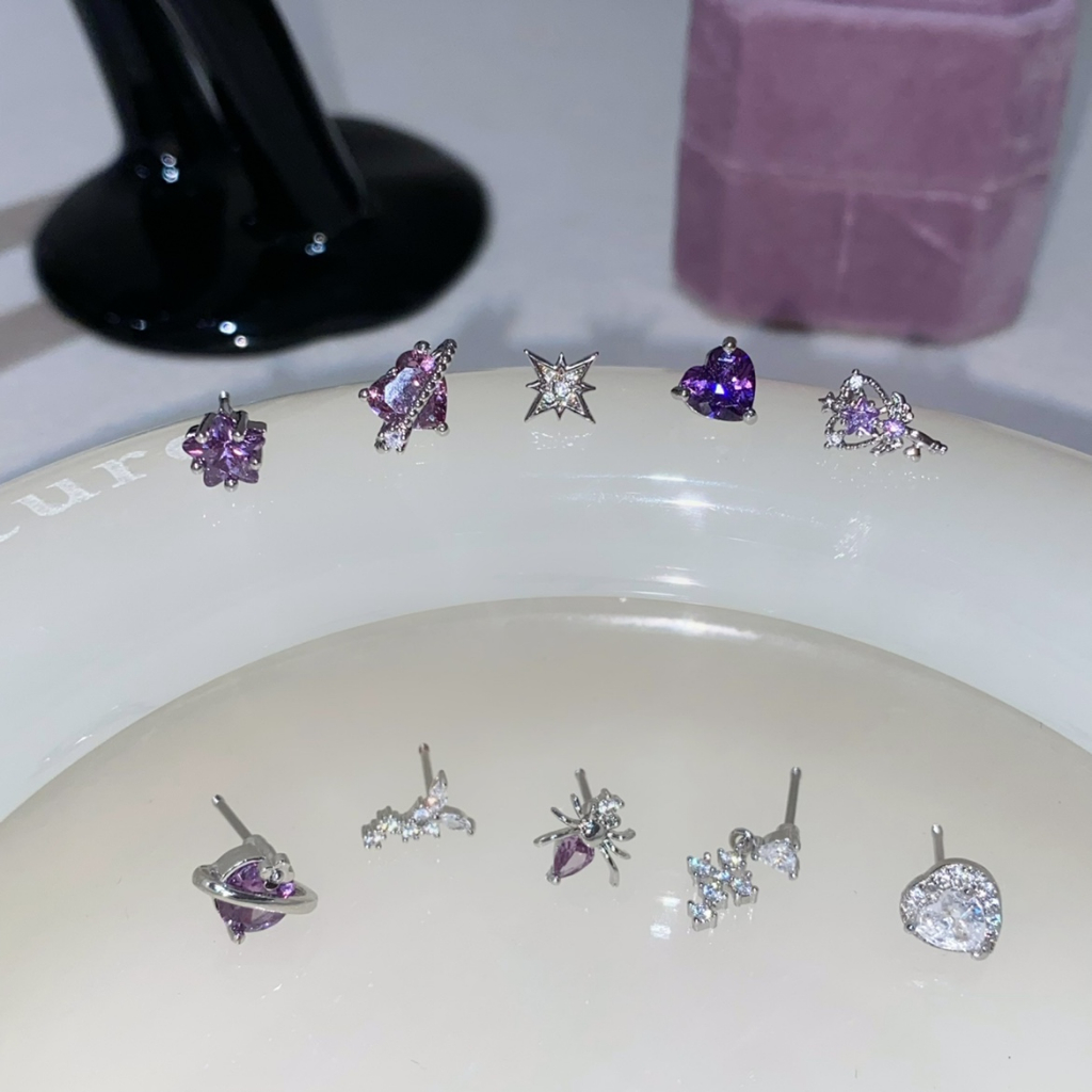 Bông Tai Thép Titan g23 Hình Đũa Thần Thạch Anh Tím