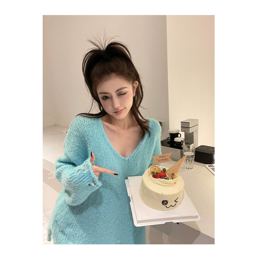 Cocory vn Áo sweater Dệt Kim Tay Dài Dáng Rộng Phối Rách Thời Trang Mùa Thu Cho Nữ