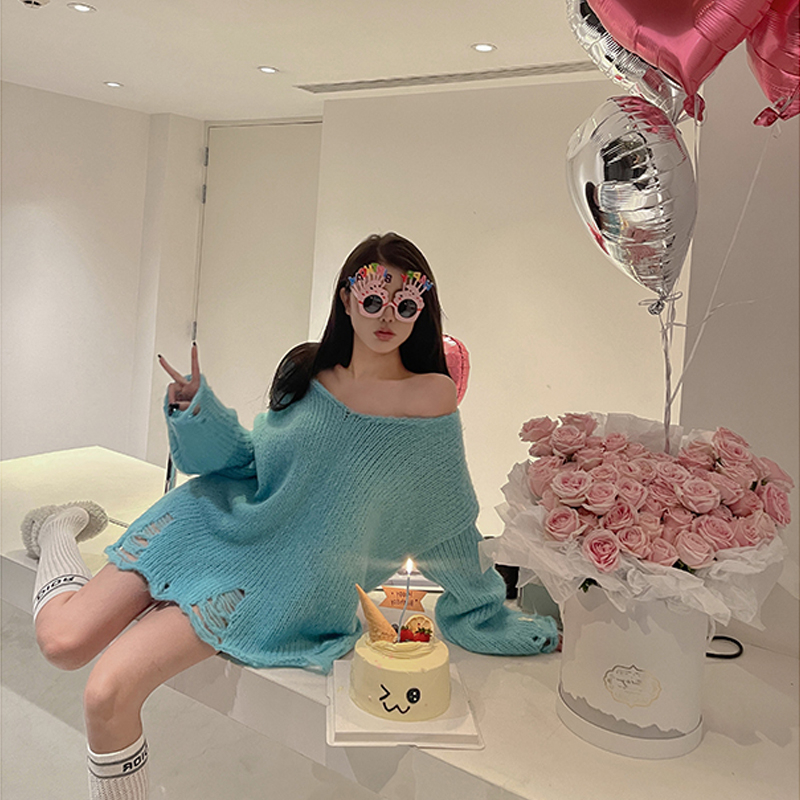 Cocory vn Áo sweater Dệt Kim Tay Dài Dáng Rộng Phối Rách Thời Trang Mùa Thu Cho Nữ