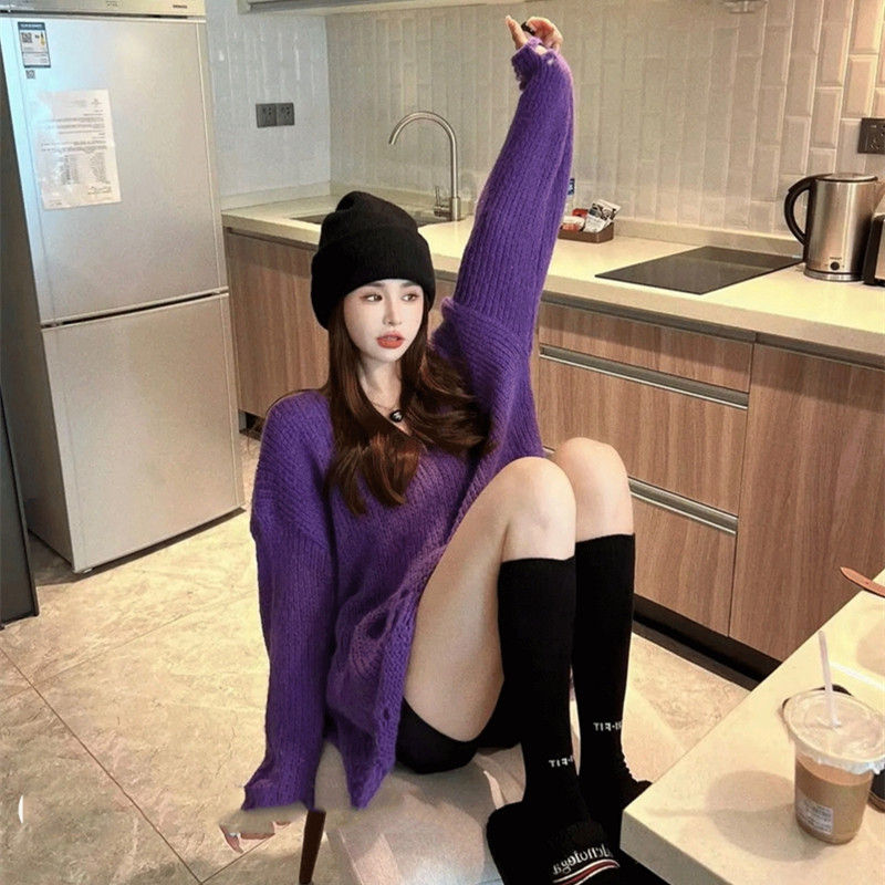 Cocory vn Áo sweater Dệt Kim Tay Dài Dáng Rộng Phối Rách Thời Trang Mùa Thu Cho Nữ