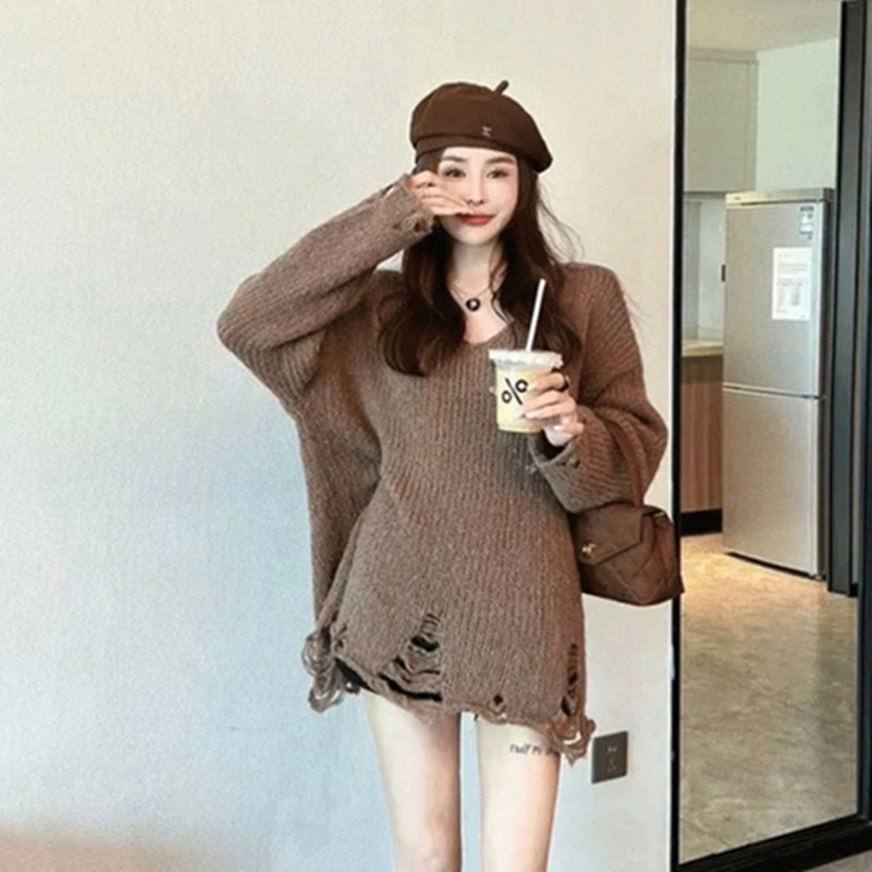Cocory vn Áo sweater Dệt Kim Tay Dài Dáng Rộng Phối Rách Thời Trang Mùa Thu Cho Nữ