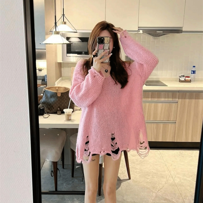 Cocory vn Áo sweater Dệt Kim Tay Dài Dáng Rộng Phối Rách Thời Trang Mùa Thu Cho Nữ