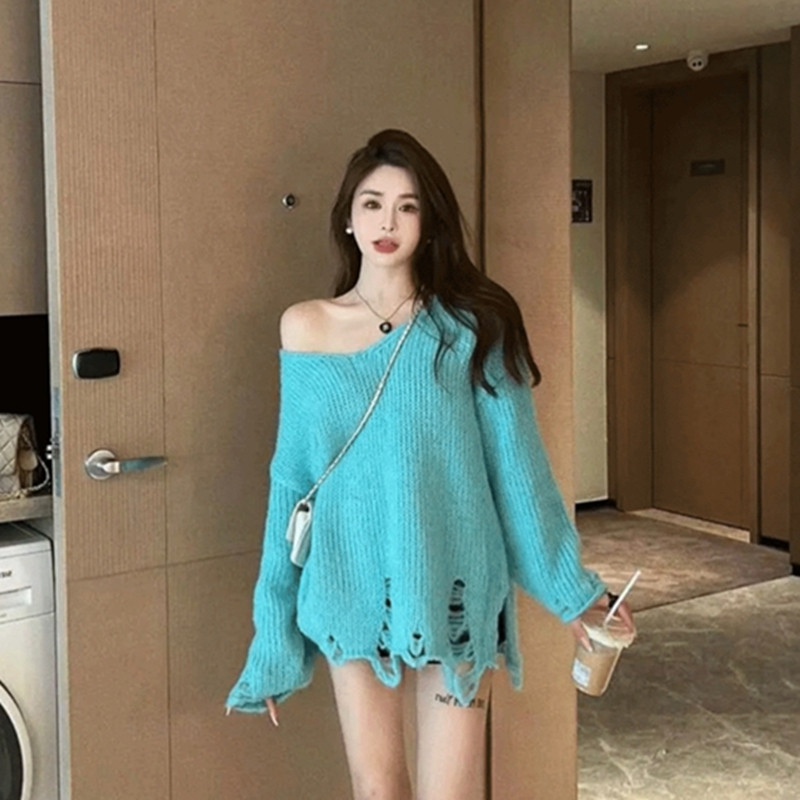 Cocory vn Áo sweater Dệt Kim Tay Dài Dáng Rộng Phối Rách Thời Trang Mùa Thu Cho Nữ