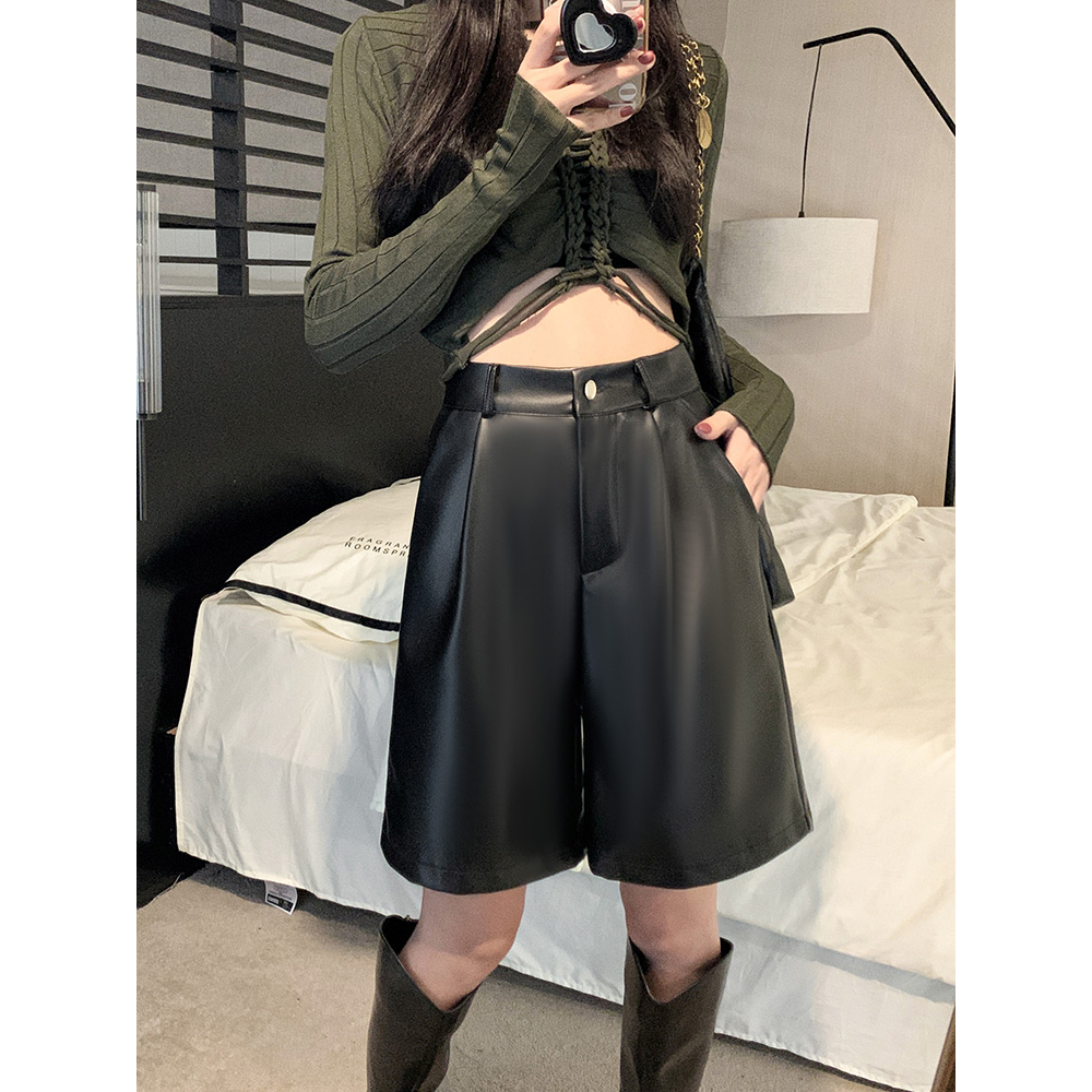Xiaozhaniv Quần Short Da pu Lưng Cao Dáng Rộng Thời Trang Mùa Thu Hàn Quốc Đơn Giản Kèm Thắt Lưng Dành Cho