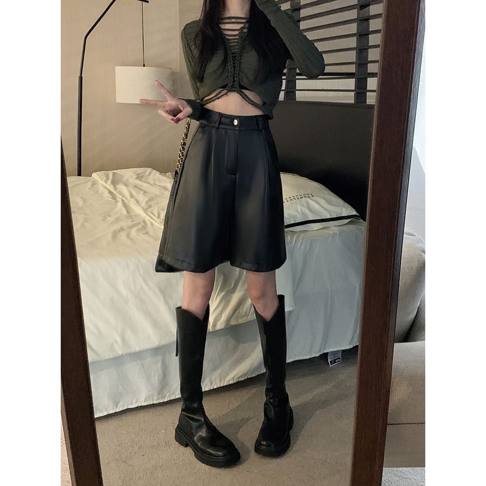 Xiaozhaniv Quần Short Da pu Lưng Cao Dáng Rộng Thời Trang Mùa Thu Hàn Quốc Đơn Giản Kèm Thắt Lưng Dành Cho