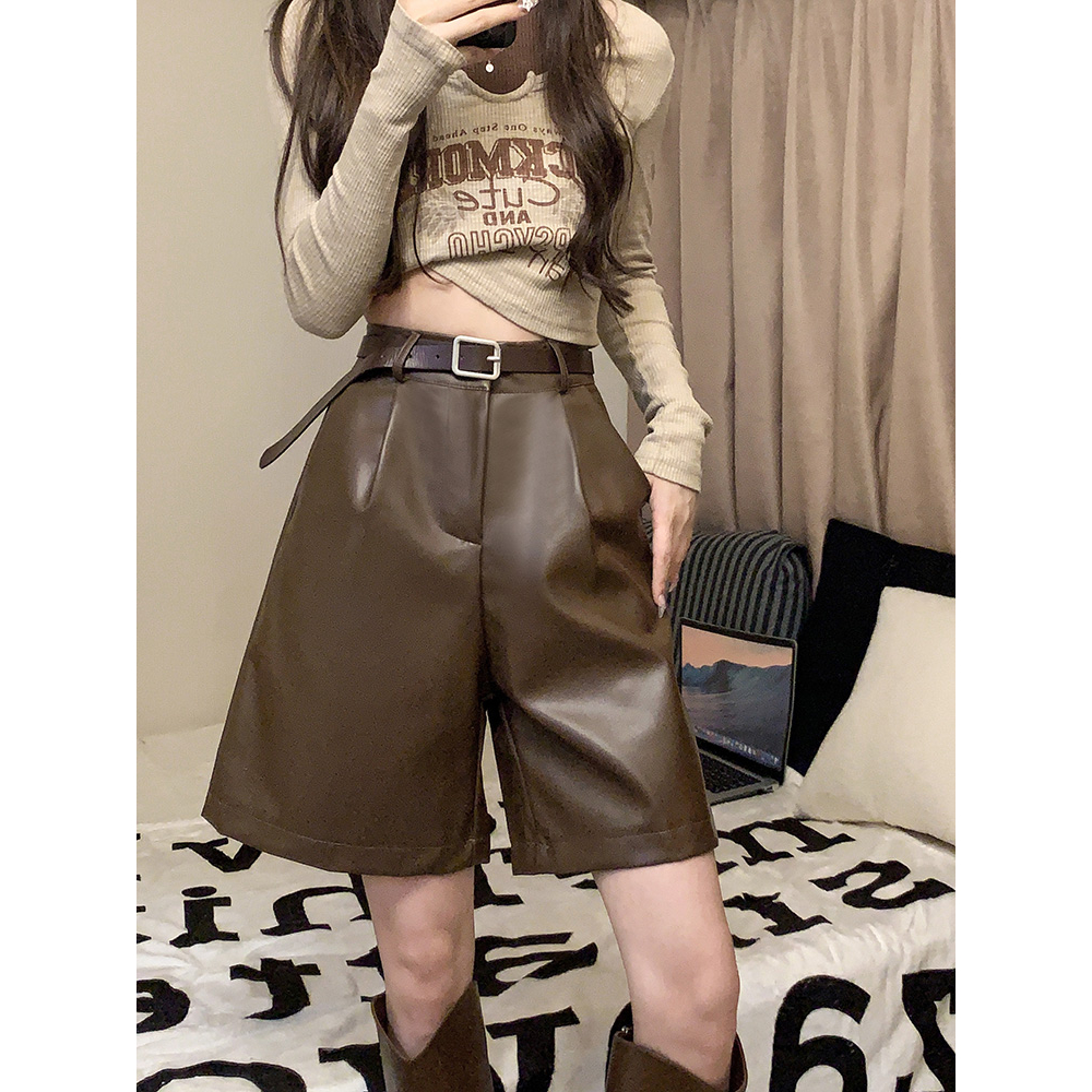 Xiaozhaniv Quần Short Da pu Lưng Cao Dáng Rộng Thời Trang Mùa Thu Hàn Quốc Đơn Giản Kèm Thắt Lưng Dành Cho