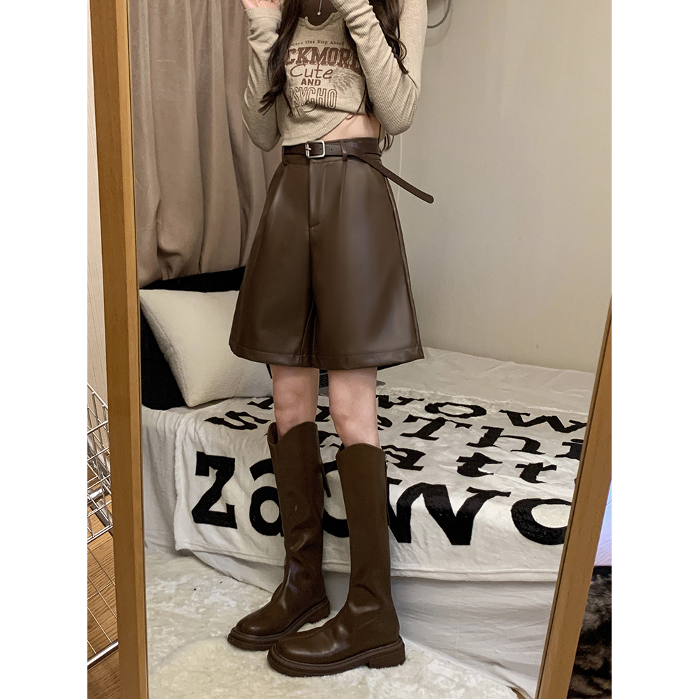 Xiaozhaniv Quần Short Da pu Lưng Cao Dáng Rộng Thời Trang Mùa Thu Hàn Quốc Đơn Giản Kèm Thắt Lưng Dành Cho