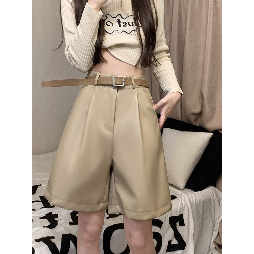 Xiaozhaniv Quần Short Da pu Lưng Cao Dáng Rộng Thời Trang Mùa Thu Hàn Quốc Đơn Giản Kèm Thắt Lưng Dành Cho