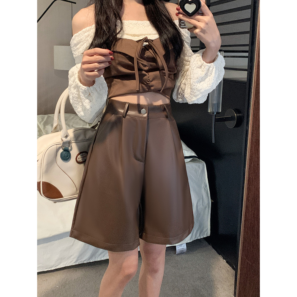 Xiaozhaniv Quần Short Da pu Lưng Cao Dáng Rộng Thời Trang Mùa Thu Hàn Quốc Đơn Giản Kèm Thắt Lưng Dành Cho