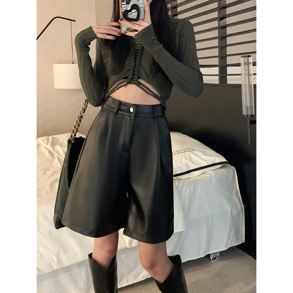 Xiaozhaniv Quần Short Da pu Lưng Cao Dáng Rộng Thời Trang Mùa Thu Hàn Quốc Đơn Giản Kèm Thắt Lưng Dành Cho