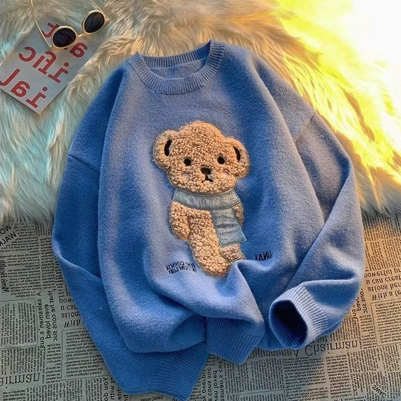 Áo sweater Form Rộng In Hình Gấu Thời Trang Cho Nam áo len cổ tròn nữ áo sweater unisex
