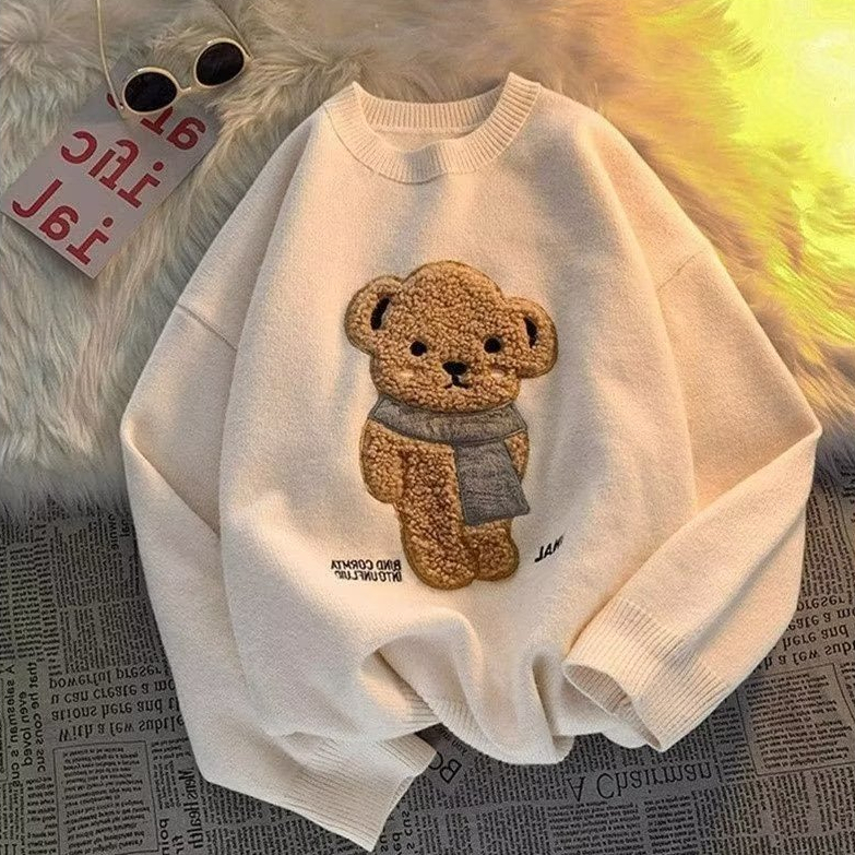 Áo sweater Form Rộng In Hình Gấu Thời Trang Cho Nam áo len cổ tròn nữ áo sweater unisex