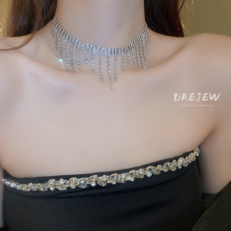 Vòng cổ DREJEW dáng dài đính đá phối tua rua phong cách Âu Mỹ sang trọng
