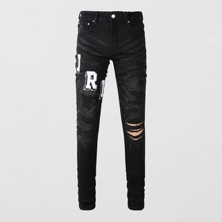 Amiri New High Street Fashion Men Jeans Black Tight Printing Patch High Quality Hip Hop Men Denim Pants