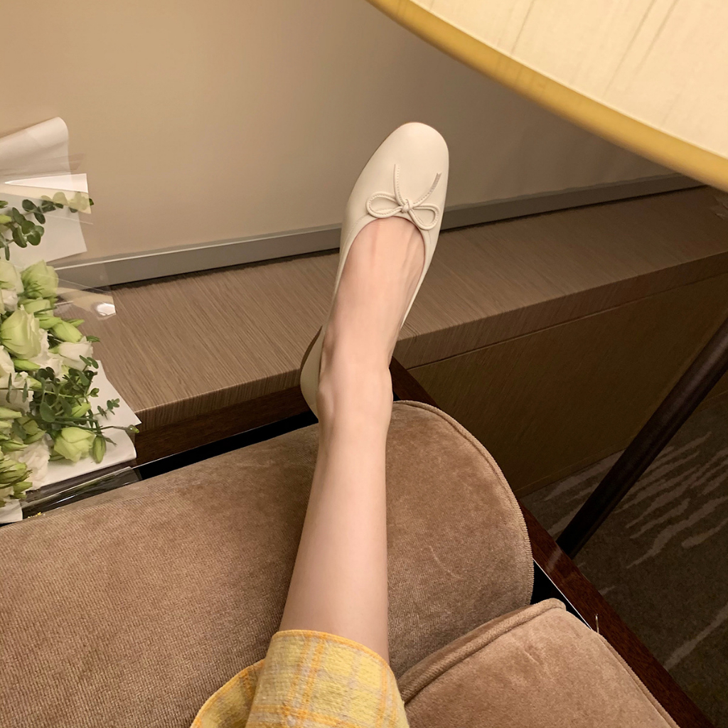 Giày Búp Bê Da Cừu Mũi Tròn Đế Bằng Mềm Mại Đính Nơ Dễ Phối Đồ Thời Trang 2023 Cho