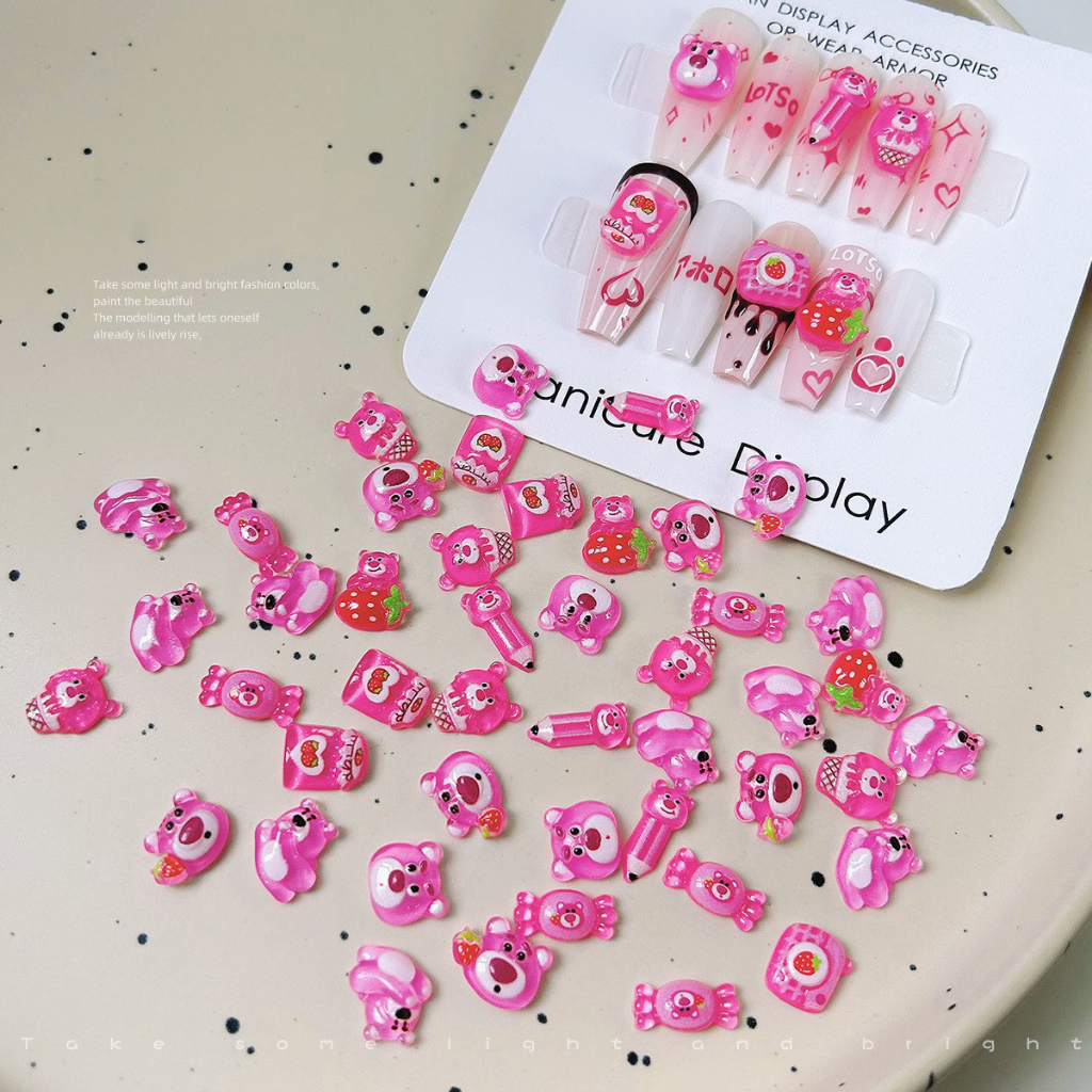 Set 50 phụ kiện trang trí móng tay ROU BAO 3D trong suốt hình gấu / dâu tây dễ thương DIY