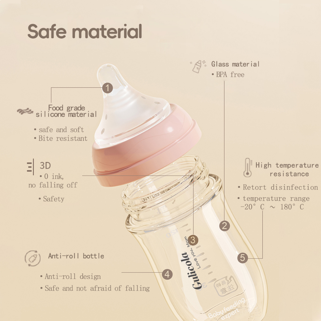 Gulicola bình sữa thuỷ tinh  80ml/160ml cho bé từ 0 tháng bình sữa cổ rộng Cao Cấp