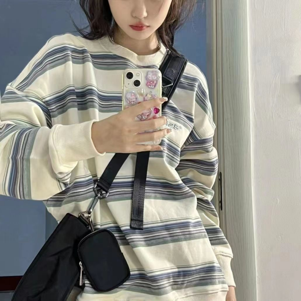 Áo sweater YEYA tay dài dáng rộng in họa tiết kẻ sọc phong cách Hàn Quốc thời trang cho nữ