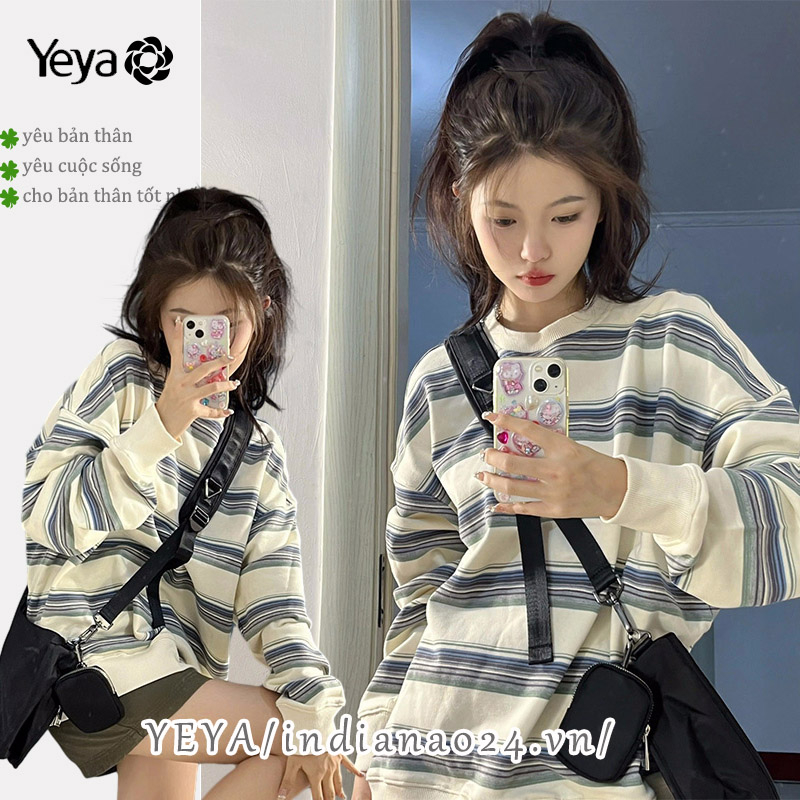 Áo sweater YEYA tay dài dáng rộng in họa tiết kẻ sọc phong cách Hàn Quốc thời trang cho nữ