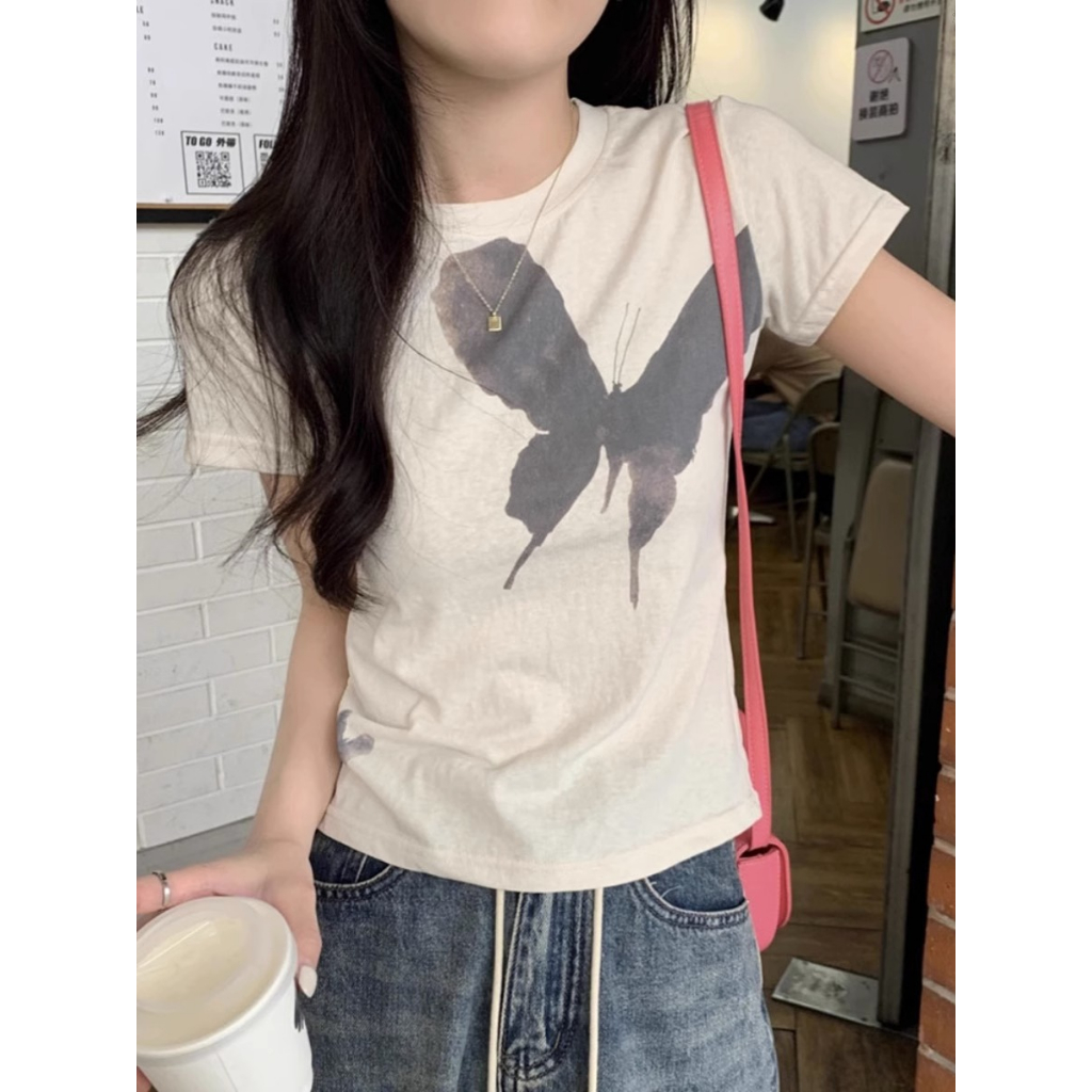 Ethelgirl Áo Thun Tay Ngắn Cổ Tròn In Hình Bướm Thời Trang Hàn Quốc Dành Cho Nữ