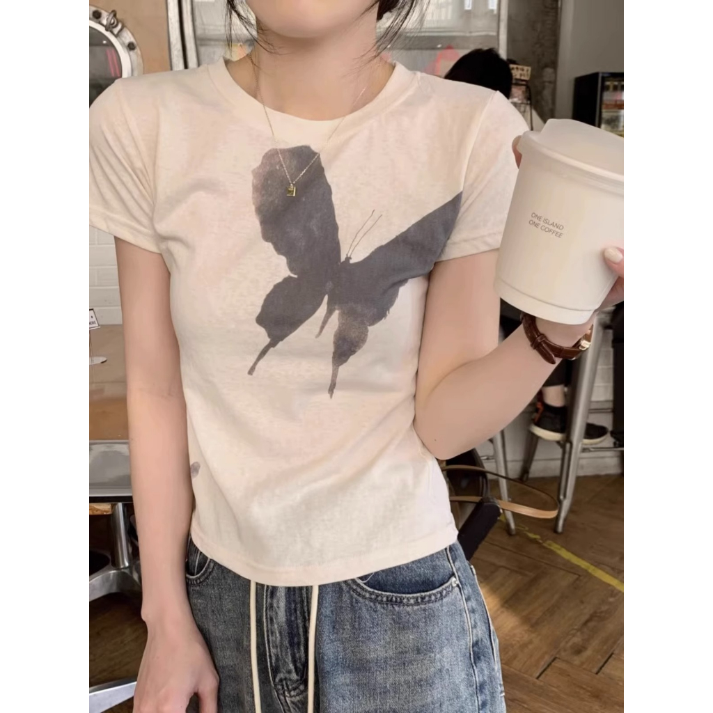 Ethelgirl Áo Thun Tay Ngắn Cổ Tròn In Hình Bướm Thời Trang Hàn Quốc Dành Cho Nữ