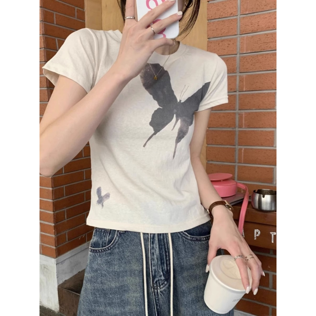 Ethelgirl Áo Thun Tay Ngắn Cổ Tròn In Hình Bướm Thời Trang Hàn Quốc Dành Cho Nữ