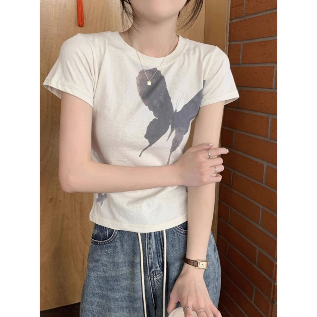 Ethelgirl Áo Thun Tay Ngắn Cổ Tròn In Hình Bướm Thời Trang Hàn Quốc Dành Cho Nữ
