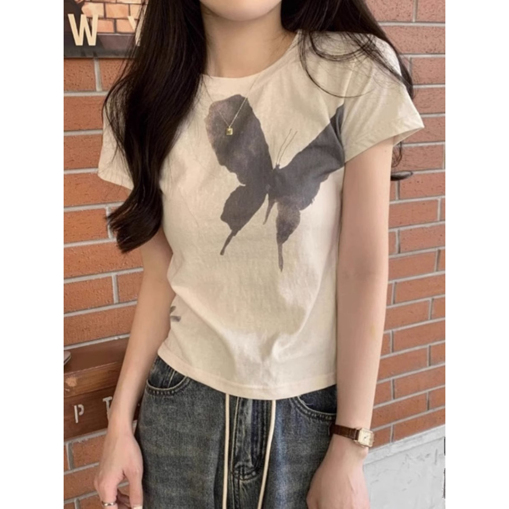 Ethelgirl Áo Thun Tay Ngắn Cổ Tròn In Hình Bướm Thời Trang Hàn Quốc Dành Cho Nữ