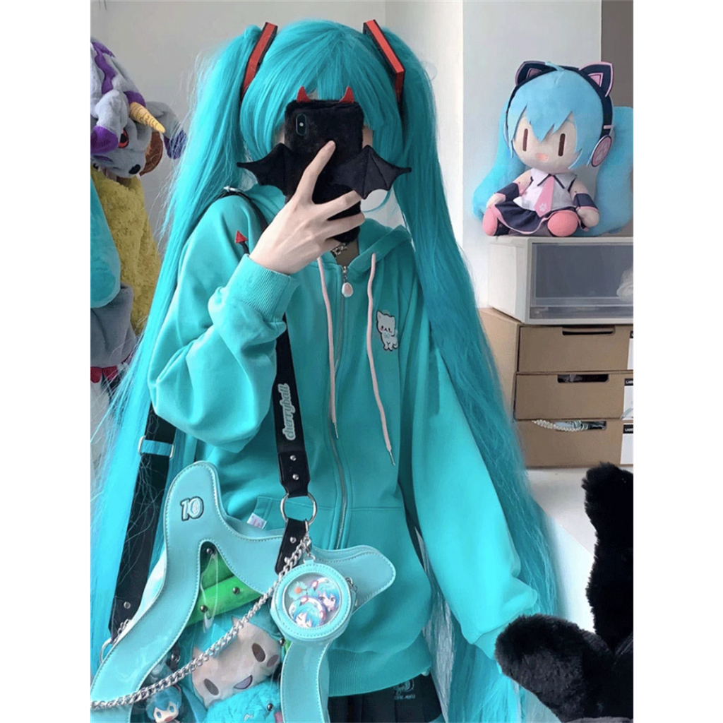 Áo Khoác cardigan có nón Hatsune Miku Áo Hoodie Dáng Rộng Thêu Hình Mèo Dễ Thương Thời Trang Mùa Thu Cho Nữ oversize