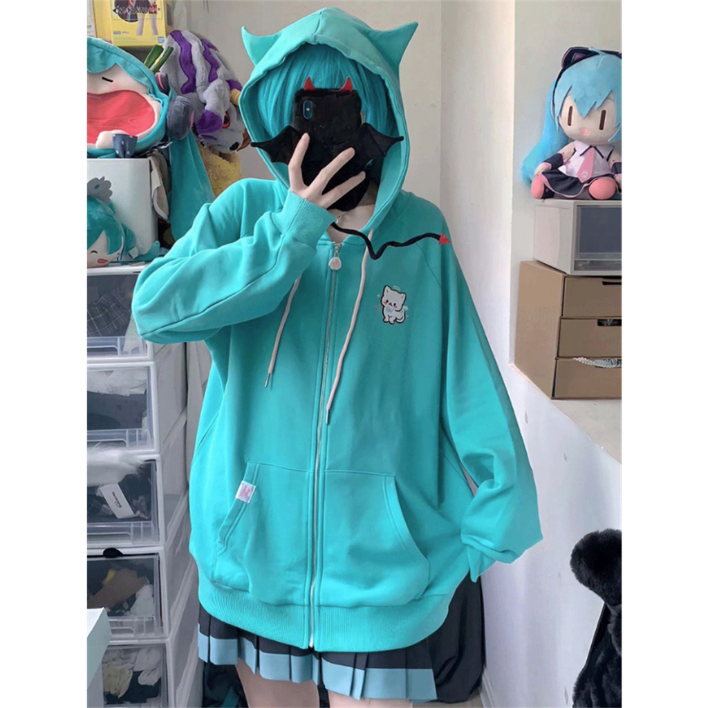 Áo Khoác cardigan có nón Hatsune Miku Áo Hoodie Dáng Rộng Thêu Hình Mèo Dễ Thương Thời Trang Mùa Thu Cho Nữ oversize