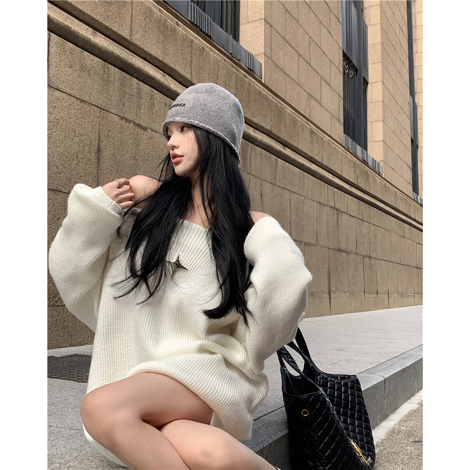 Áo sweater Hàn quốc Nút Kim Loại áo len tay dài Hở Vai Thời Trang Thu Đông Mới Cho Nữ len tăm