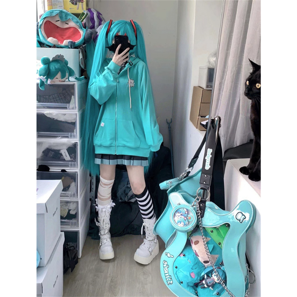 Áo Khoác cardigan có nón Hatsune Miku Áo Hoodie Dáng Rộng Thêu Hình Mèo Dễ Thương Thời Trang Mùa Thu Cho Nữ oversize