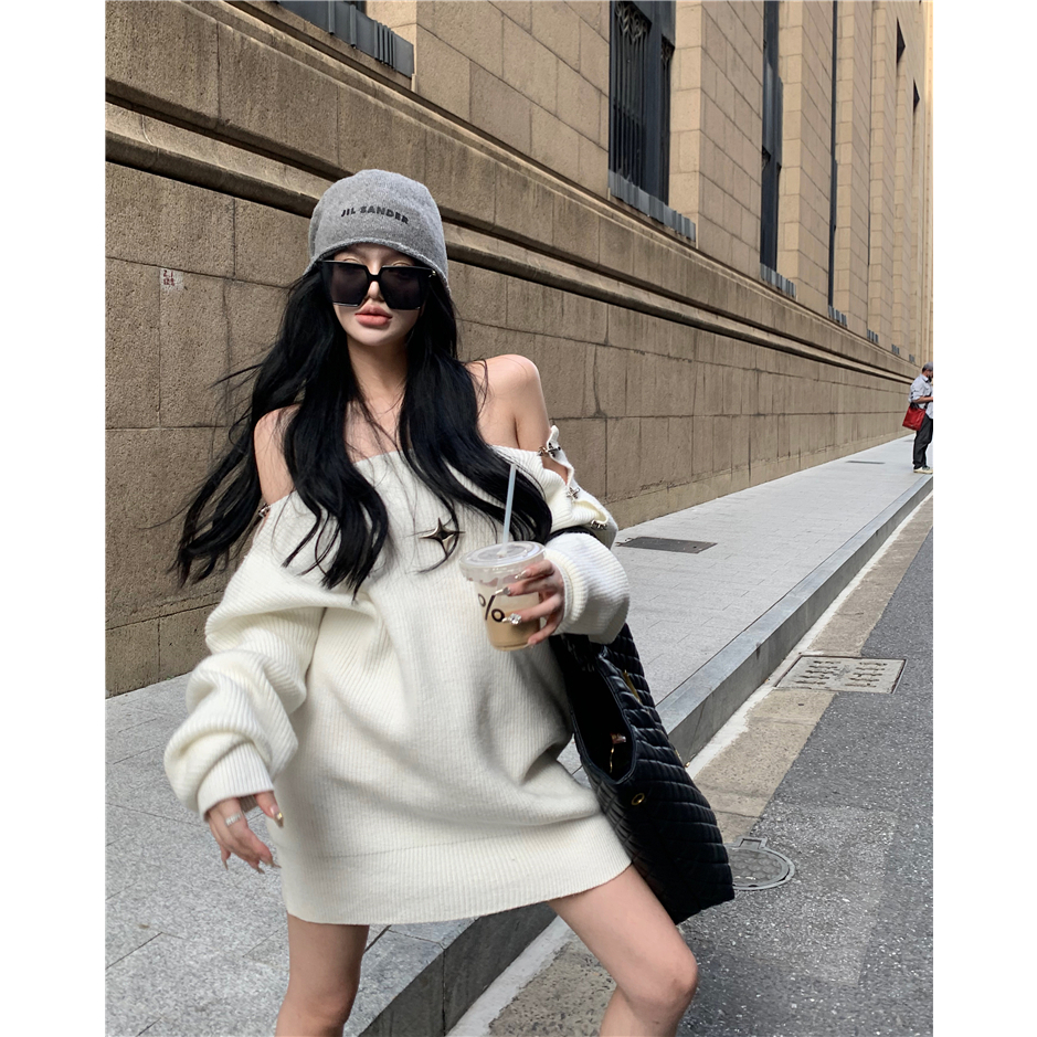 Áo sweater Hàn quốc Nút Kim Loại áo len tay dài Hở Vai Thời Trang Thu Đông Mới Cho Nữ len tăm