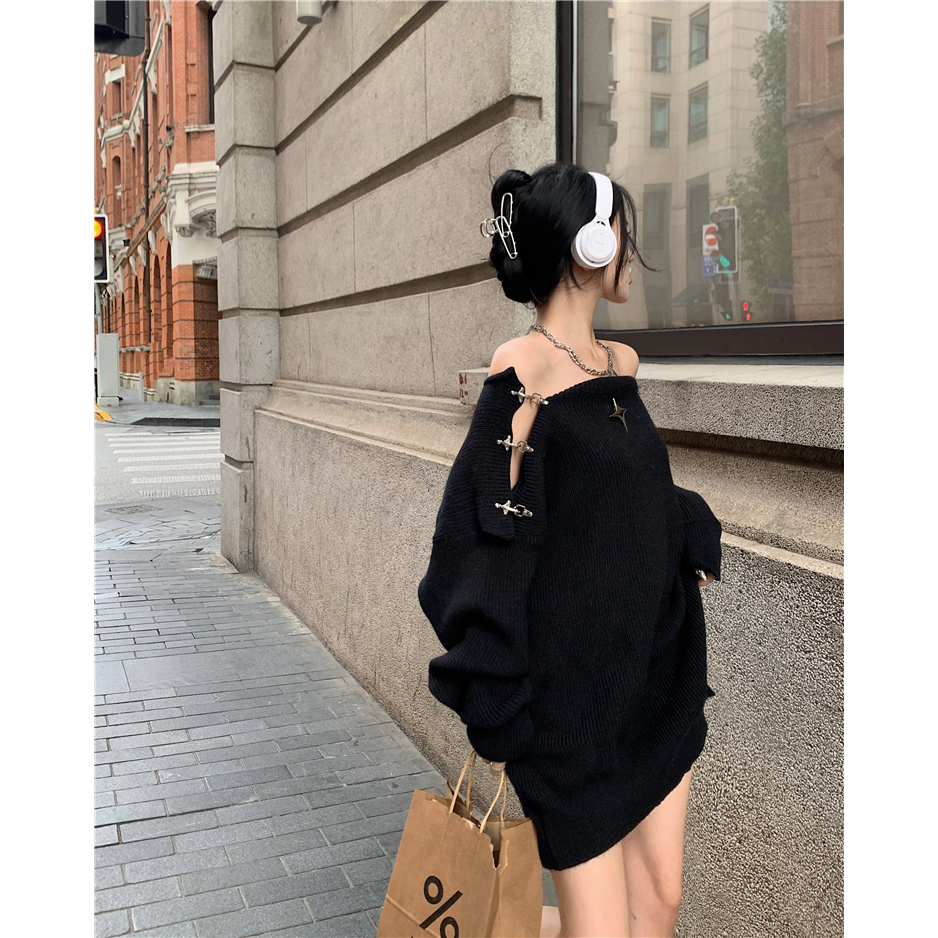 Áo sweater Hàn quốc Nút Kim Loại áo len tay dài Hở Vai Thời Trang Thu Đông Mới Cho Nữ len tăm