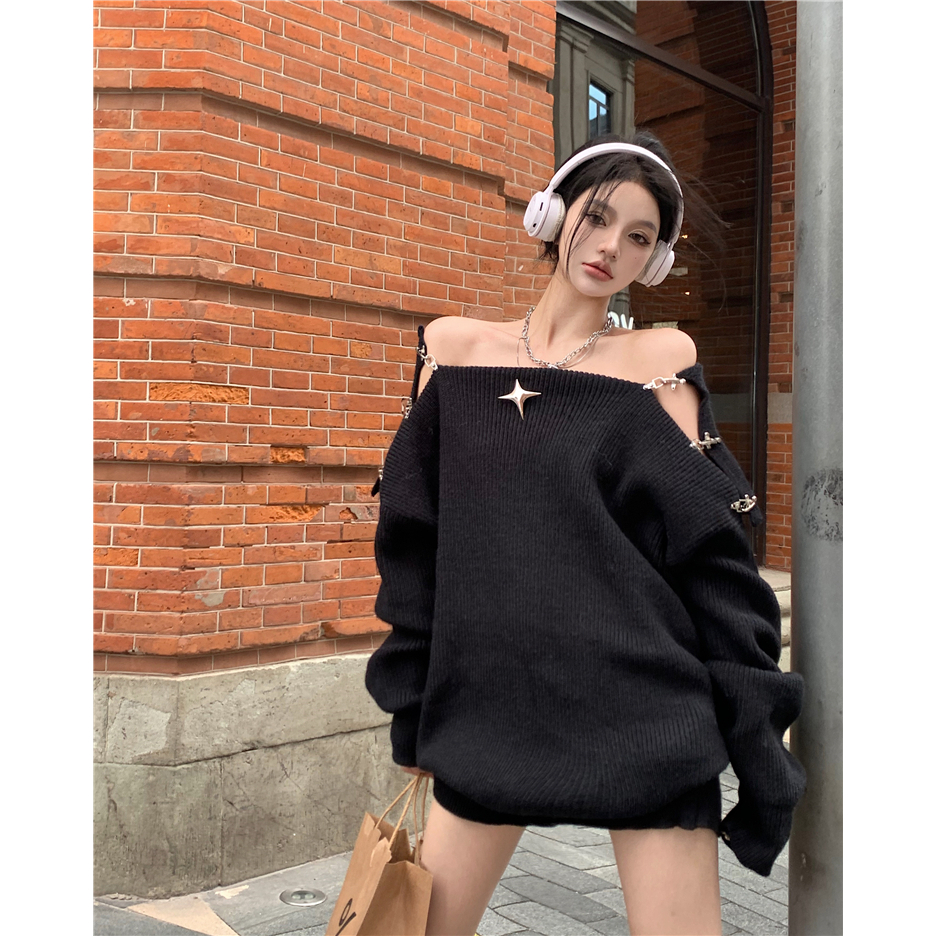 Áo sweater Hàn quốc Nút Kim Loại áo len tay dài Hở Vai Thời Trang Thu Đông Mới Cho Nữ len tăm
