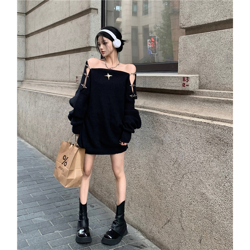 Áo sweater Hàn quốc Nút Kim Loại áo len tay dài Hở Vai Thời Trang Thu Đông Mới Cho Nữ len tăm