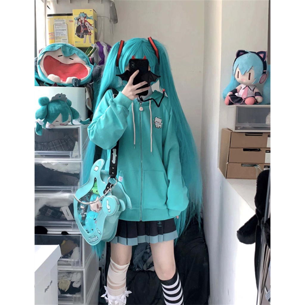 Áo Khoác cardigan có nón Hatsune Miku Áo Hoodie Dáng Rộng Thêu Hình Mèo Dễ Thương Thời Trang Mùa Thu Cho Nữ oversize
