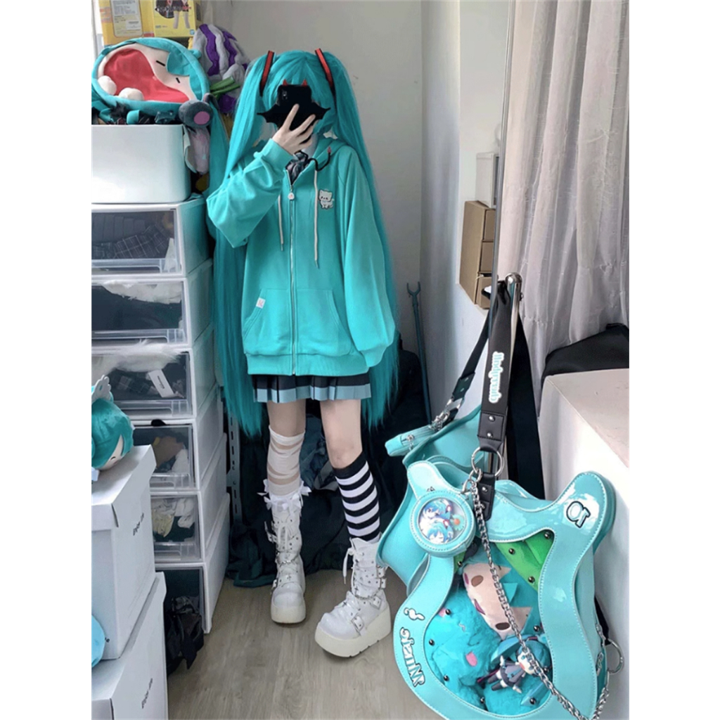 Áo Khoác cardigan có nón Hatsune Miku Áo Hoodie Dáng Rộng Thêu Hình Mèo Dễ Thương Thời Trang Mùa Thu Cho Nữ oversize