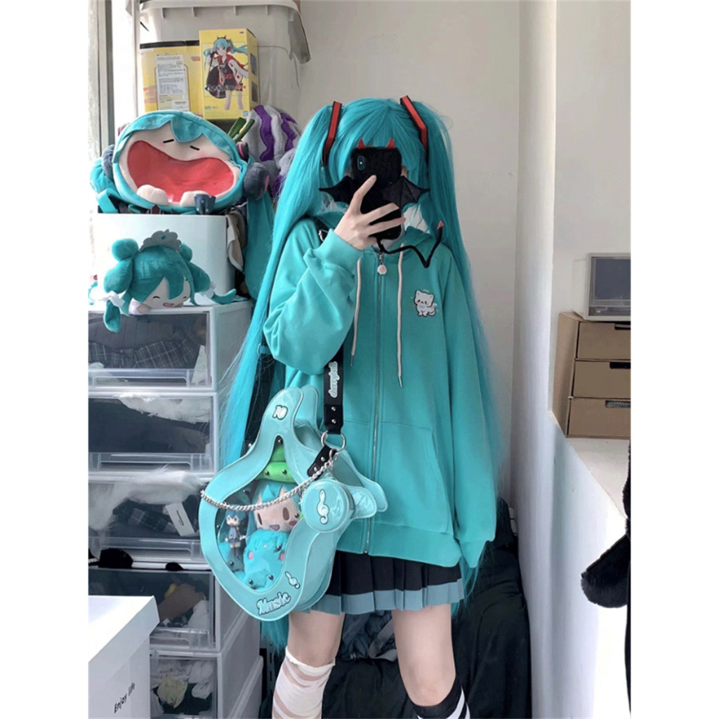 Áo Khoác cardigan có nón Hatsune Miku Áo Hoodie Dáng Rộng Thêu Hình Mèo Dễ Thương Thời Trang Mùa Thu Cho Nữ oversize