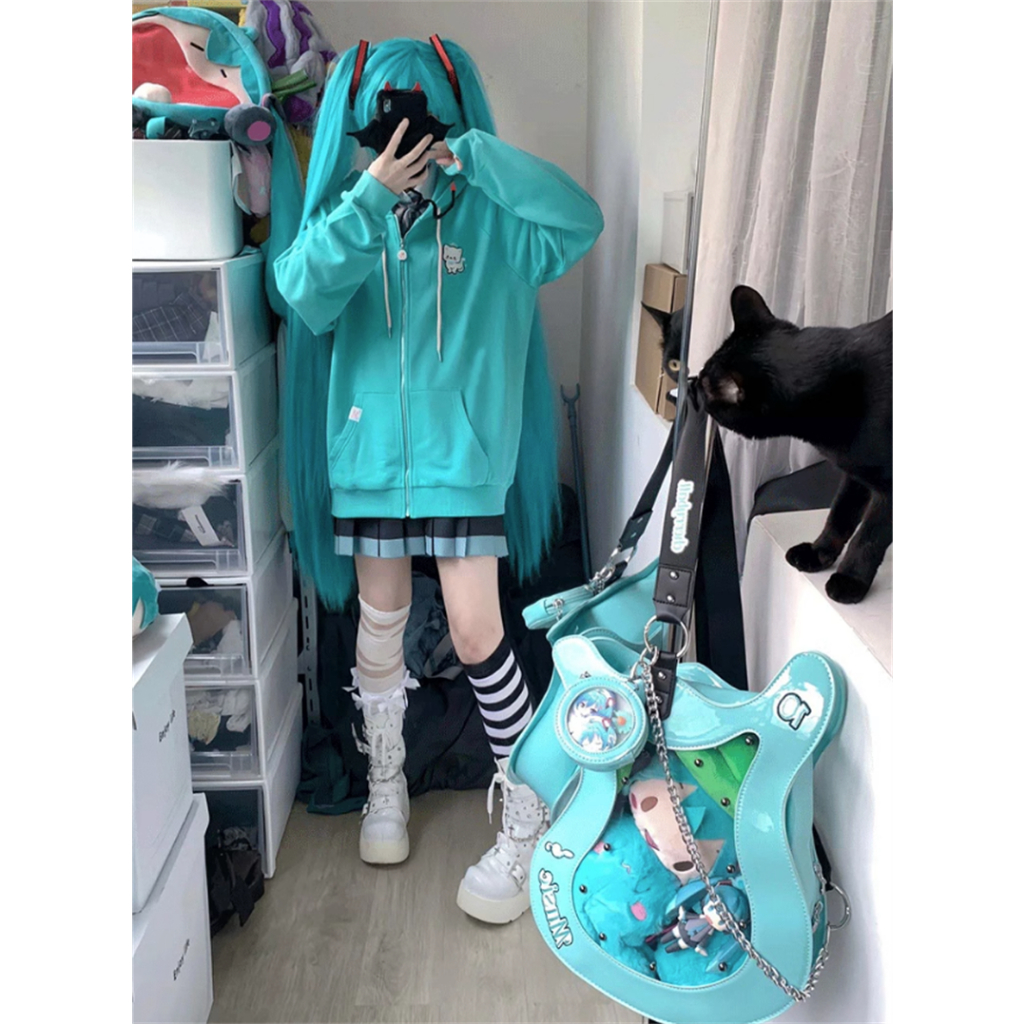 Áo Khoác cardigan có nón Hatsune Miku Áo Hoodie Dáng Rộng Thêu Hình Mèo Dễ Thương Thời Trang Mùa Thu Cho Nữ oversize
