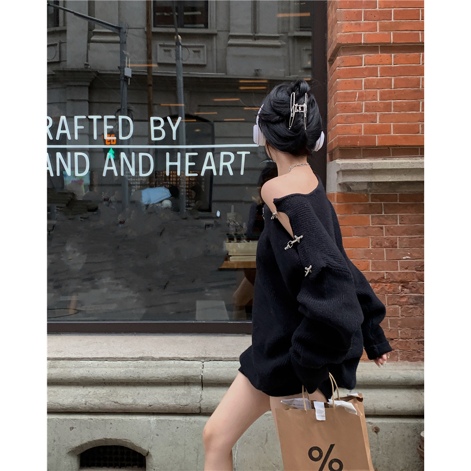 Áo sweater Hàn quốc Nút Kim Loại áo len tay dài Hở Vai Thời Trang Thu Đông Mới Cho Nữ len tăm